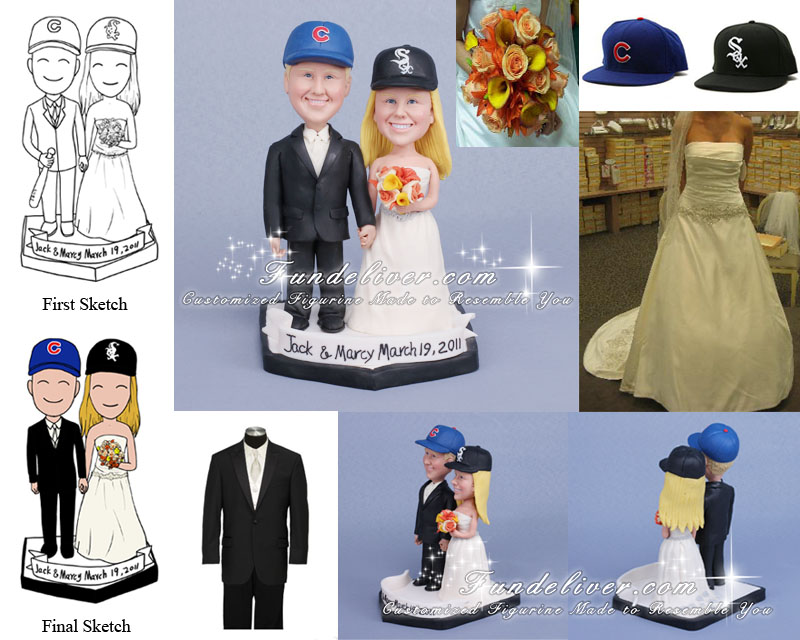 Chicago Cubs and White Sox baseball theme wedding cake toppers